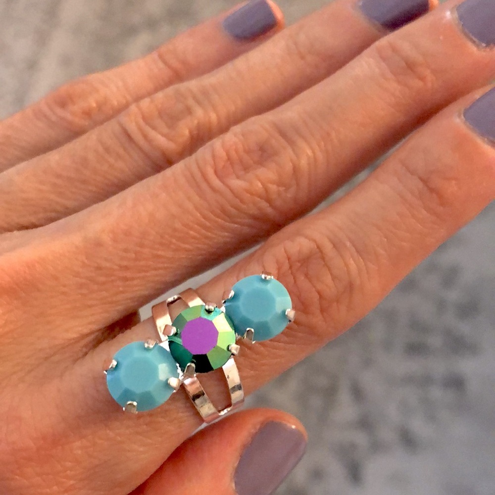 Turquoise + Peacock Teal Silver Crystal Statement Ring - Picture 2 of 10